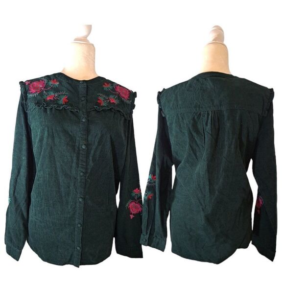 Monsoon Women's Long Sleeves Forest Green Embroidered Top Corduroy sz Medium - Picture 1 of 9
